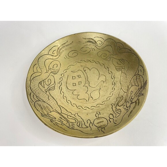 Antique Vintage Chinese Brass Bowl 2 Dragons Engraved Design 9 “ Diameter - Picture 3 of 5